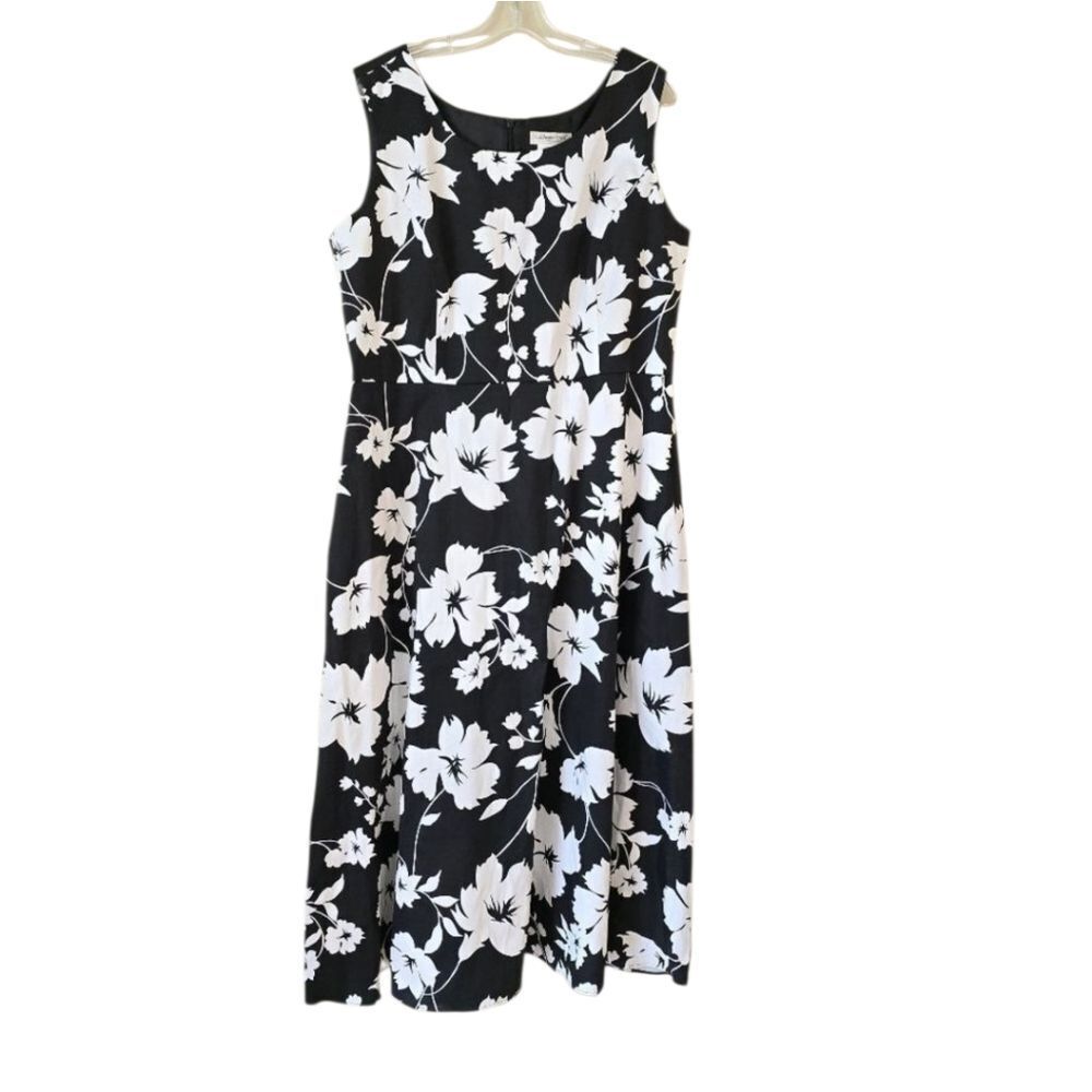 Coldwater Creek Women's Midi Dress‎ Size 18 Floral Print Black White Modest